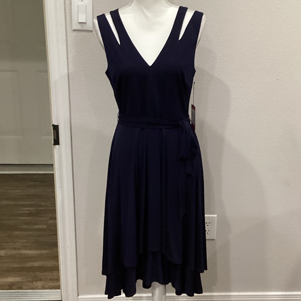 New Vince Camuto Navy Blue V-Neck Cut-Out Shoulder Dress Size 8 (Item#D053)